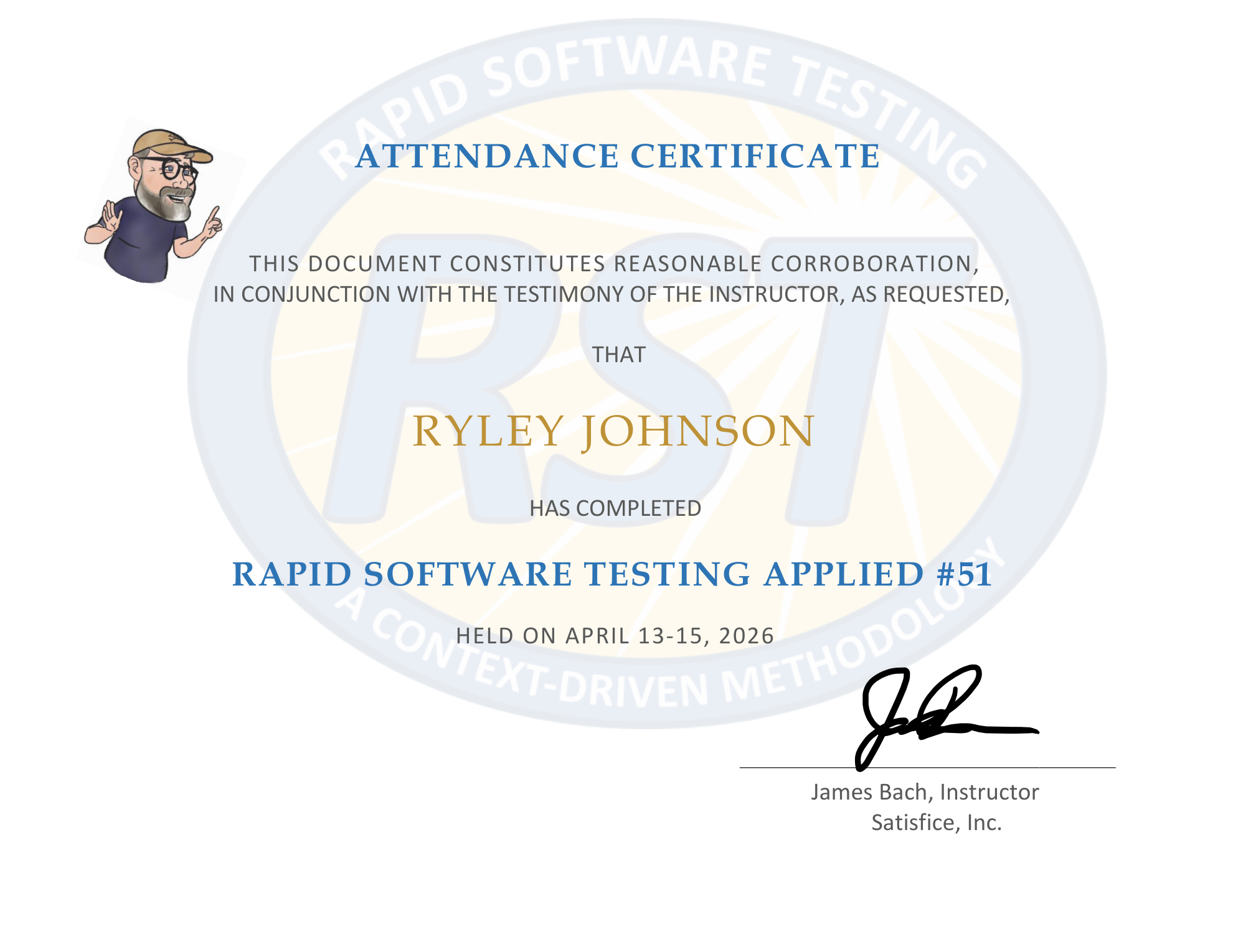 Rapid Software Testing Applied attendance certificate, April 2026