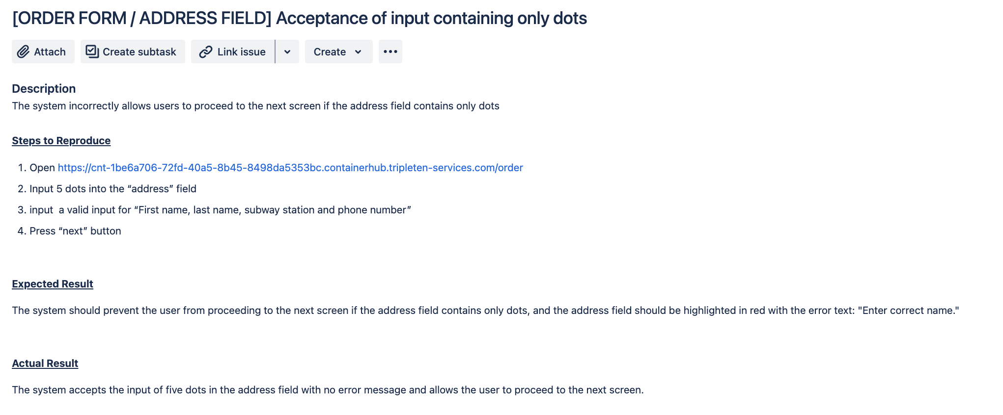 Jira Bug Report - Input Field Vulnerability