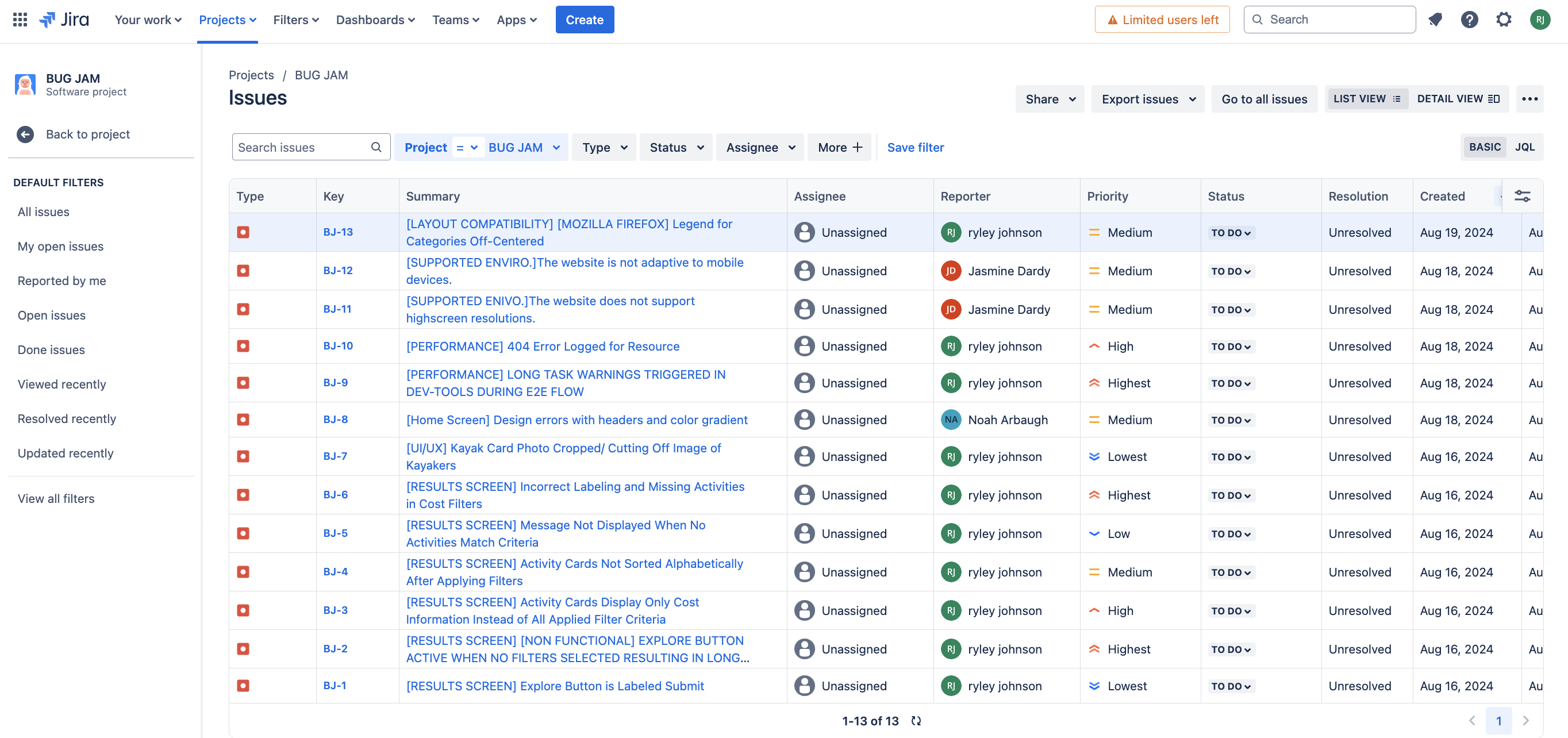 Jira Bug Tracking Template Screenshot