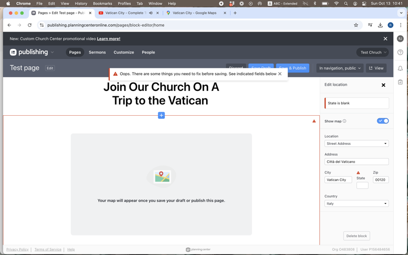 Planning Center Publishing custom page block editor
