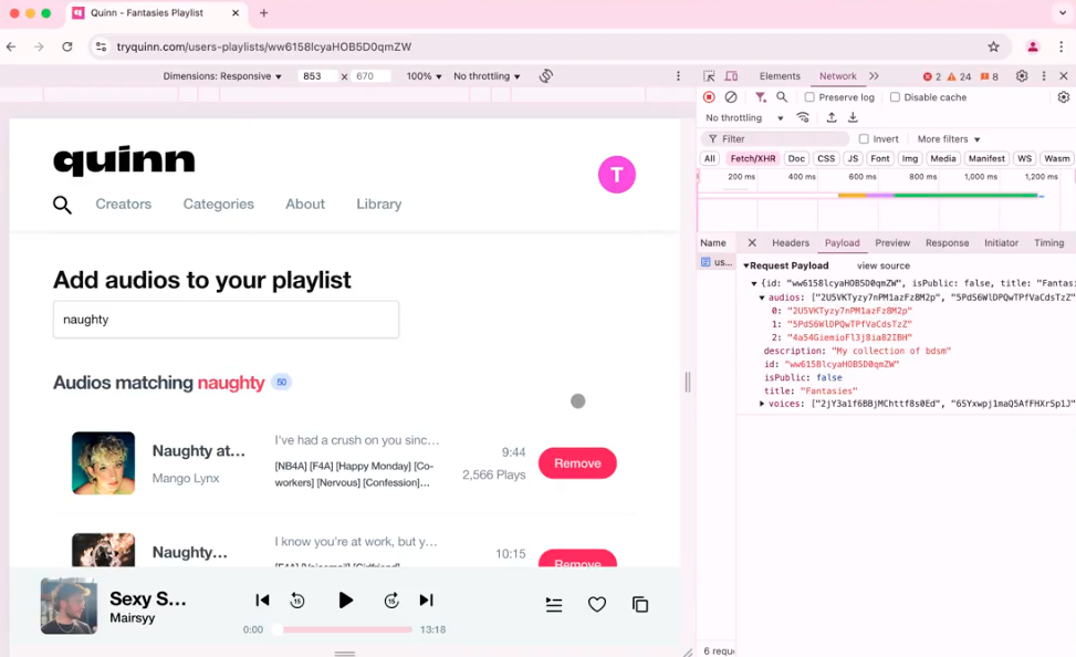 Chrome DevTools network panel showing playlist API traffic