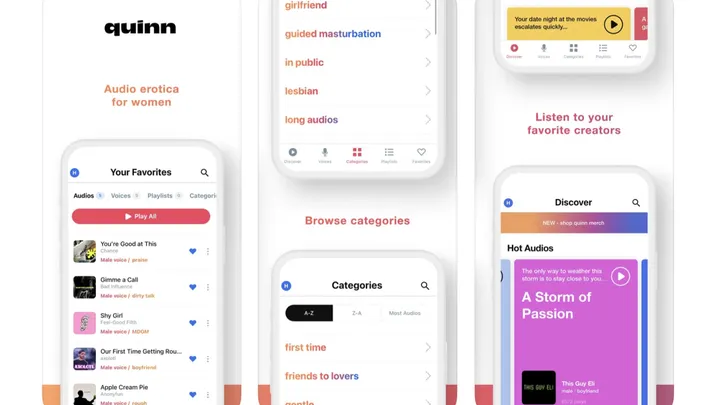 Quinn app — mobile screens for categories, discover, and favorites