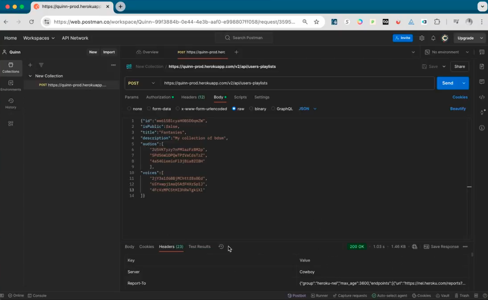 Postman request used to manipulate playlist data