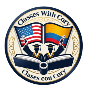 Classes with Cory circular logo — navy, gold, and cream