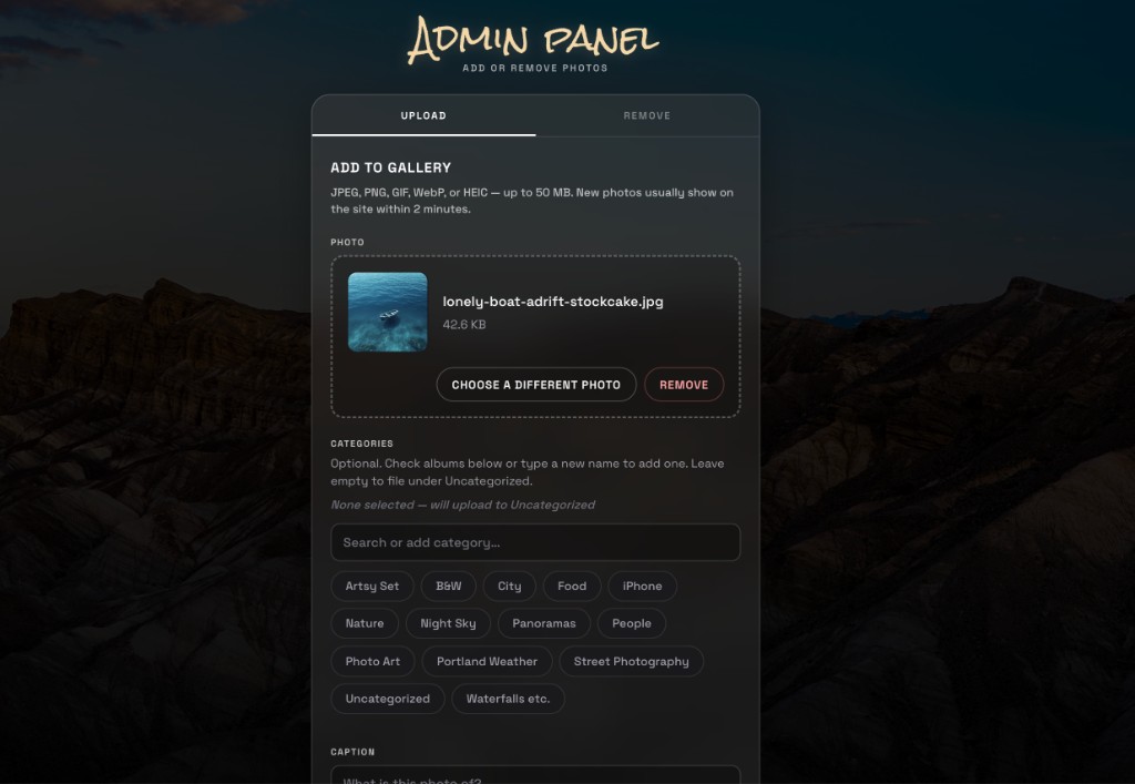 Upload screen: add a photo, pick albums, write a caption