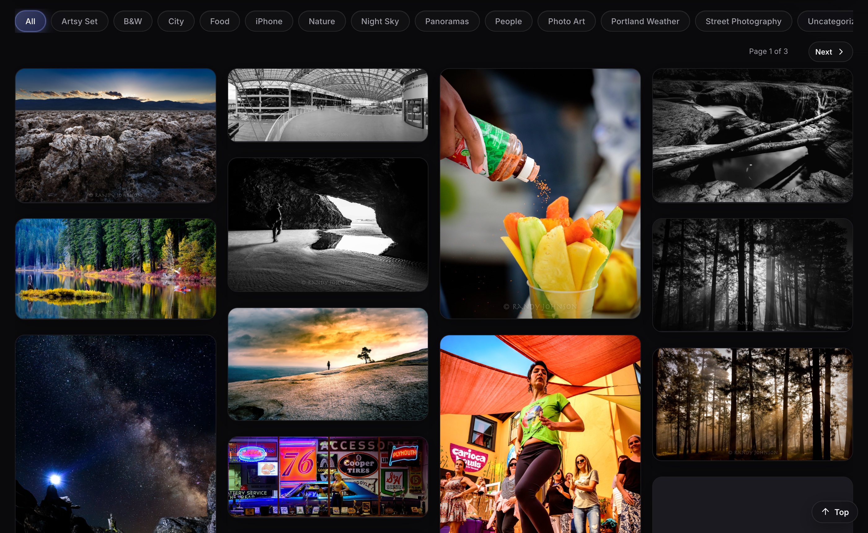 Randy's Photography live gallery: album filters, masonry grid, lightbox on desktop