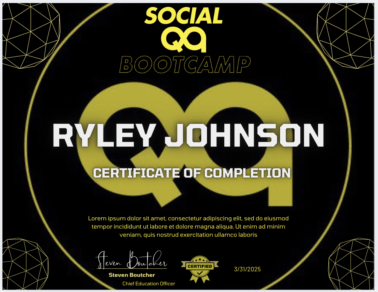 Social QA Bootcamp completion certificate template
